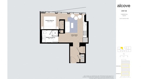 Floor plan for 1 bed, 1 bath, 534 sqft